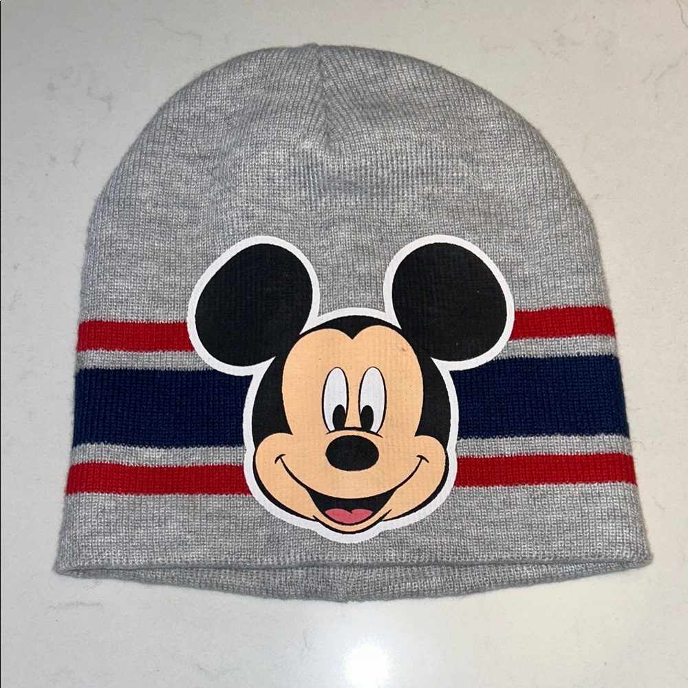 Disney Mickey Mouse Gray Beanie with Red and Blue Stripes